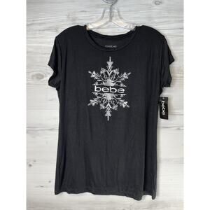Bebe Shirt Womens XL Black Silver Snowflake Short Sleeve Tee NWT Holiday Glam